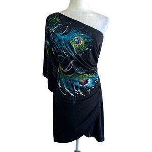 Bisou Bisou Vtg Y2K 2000s Black Peacock Feather One-shoulder Dress